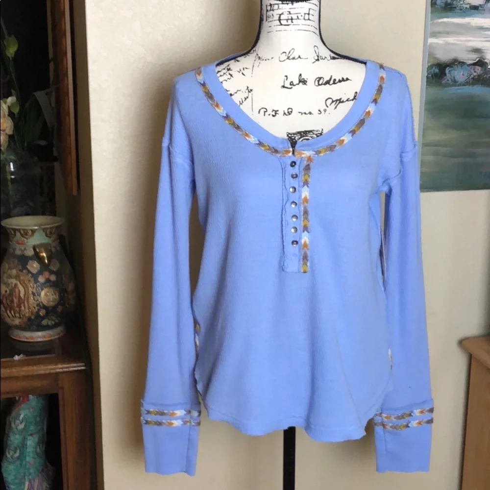 Free People Embroidered Thermal  Long Sleeve Top